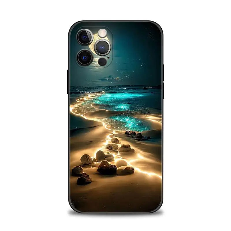 Luxus-Design: Romantische Strandlandschaft bei Nacht iPhone-Hülle | MagSafe Case für Apple iPhone 15/14/13/12 Pro Max Plus | Tasche mit Panzer-Cover & Kameraschutzabdeckung | Schützende Handyhülle - Phone Heaven Zone