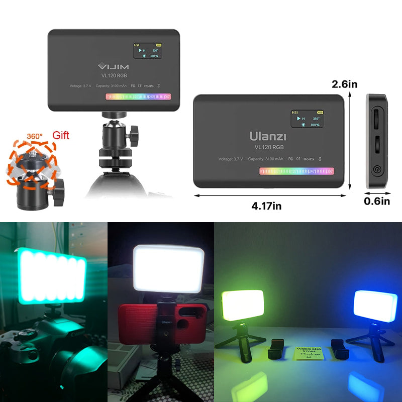 Luxus VL120 RGB LED Videolicht für Kamera, Apple iPhone 15/14/13/12/11 Pro Max Plus Mini, Samsung, Android, Vollfarbig,