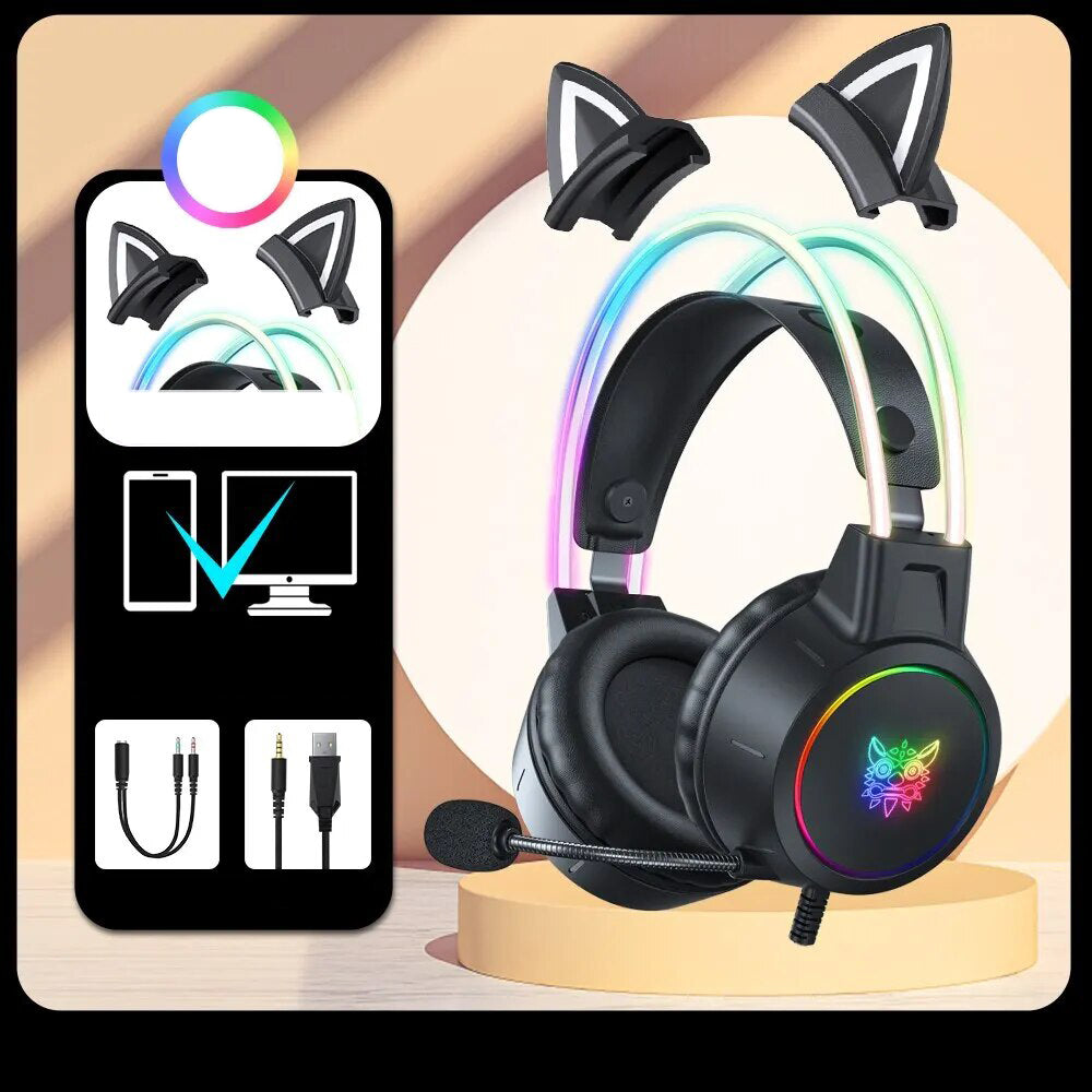 Hochwertiges Onikuma X15 Pro Over-Ear Gaming-Headset mit Kabel | Geräuschunterdrückung, Rosa Katzenohren, RGB-Licht und