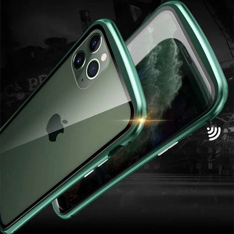 High-Quality iPhone Case with Metal Frame and Double-Sided Glass | MagSafe-Compatible, Magnetic Adsorption for 360° Full Protection Case | Shockproof Glass Lens Camera Protection Armor Case | Cover for Apple iPhone 16/15/14/13/12 Pro Max, Plus, Mini