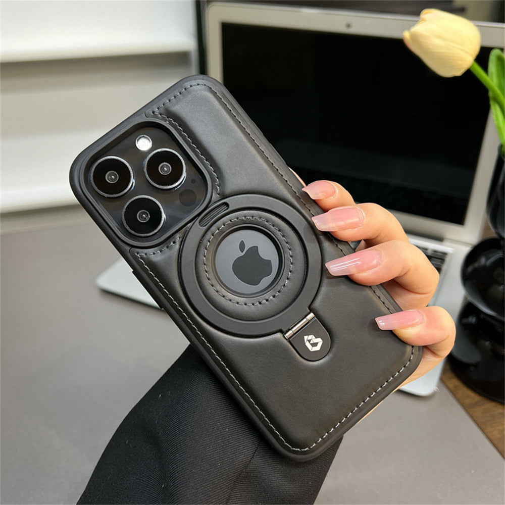 Premium Leather iPhone Case with Magnetic Ring Stand: 360-Degree Rotating Gyro Stand Function & Foldable Holder | MagSafe Case with 360-Degree Protection and Camera Lens Protection for Apple iPhone 16/15/14/13/12 Pro Max, Plus, Mini Armor Protectiv Cover