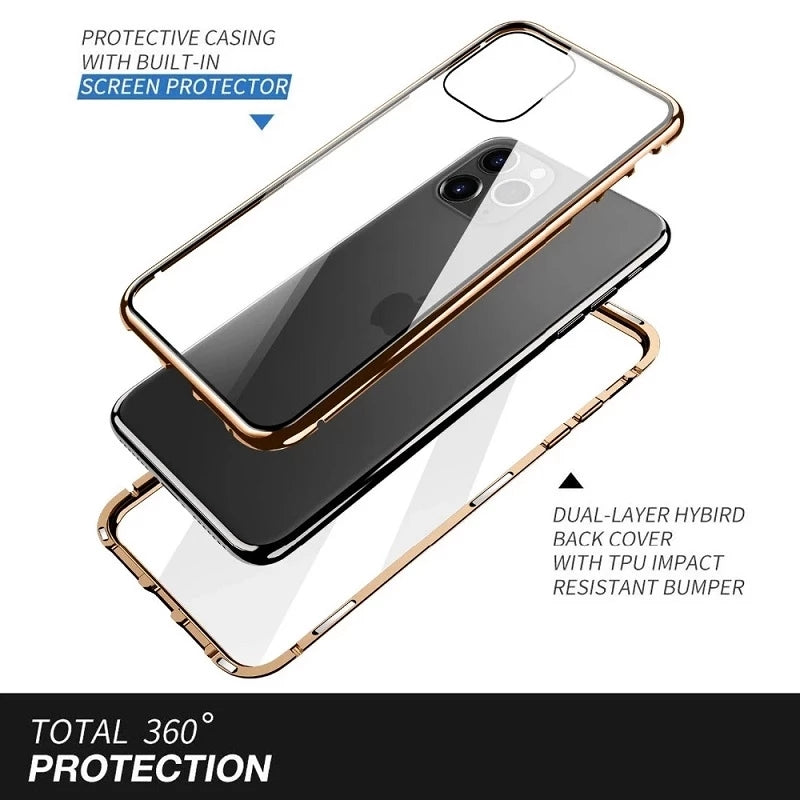 High-Quality iPhone Case with Metal Frame and Double-Sided Glass | MagSafe-Compatible, Magnetic Adsorption for 360° Full Protection Case | Shockproof Glass Lens Camera Protection Armor Case | Cover for Apple iPhone 16/15/14/13/12 Pro Max, Plus, Mini