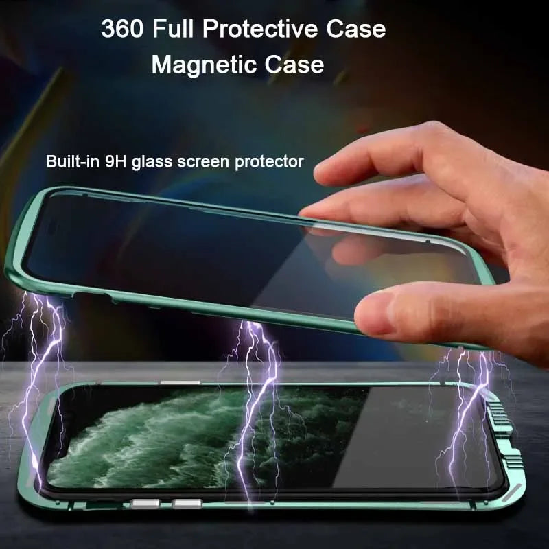 High-Quality iPhone Case with Metal Frame and Double-Sided Glass | MagSafe-Compatible, Magnetic Adsorption for 360° Full Protection Case | Shockproof Glass Lens Camera Protection Armor Case | Cover for Apple iPhone 16/15/14/13/12 Pro Max, Plus, Mini