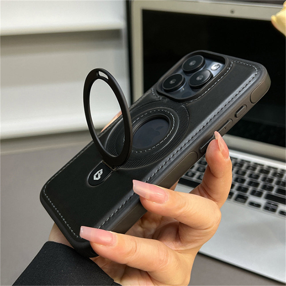 Premium Leather iPhone Case with Magnetic Ring Stand: 360-Degree Rotating Gyro Stand Function & Foldable Holder | MagSafe Case with 360-Degree Protection and Camera Lens Protection for Apple iPhone 16/15/14/13/12 Pro Max, Plus, Mini Armor Protectiv Cover