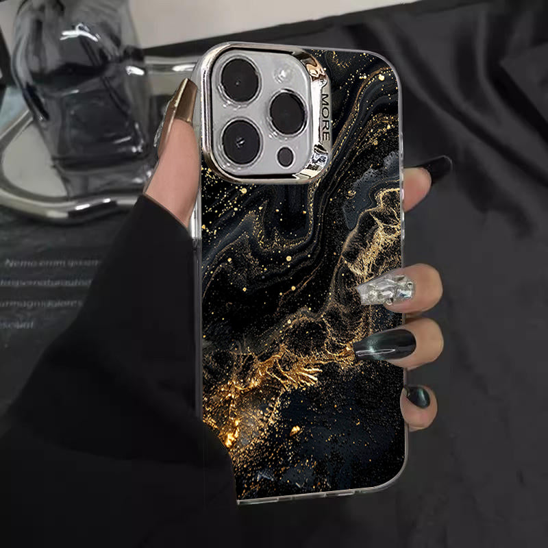 Luxury Black Marble iPhone Case with Gold Edges: Camera Protection & Durable Cover | MagSafe-Compatible for Apple iPhone 16/15/14/13/12 Pro Max, Plus, Mini Cover - 3D Texture for Enhanced Grip | 360-Degree Protection with Camera Lens Protection Armor Case