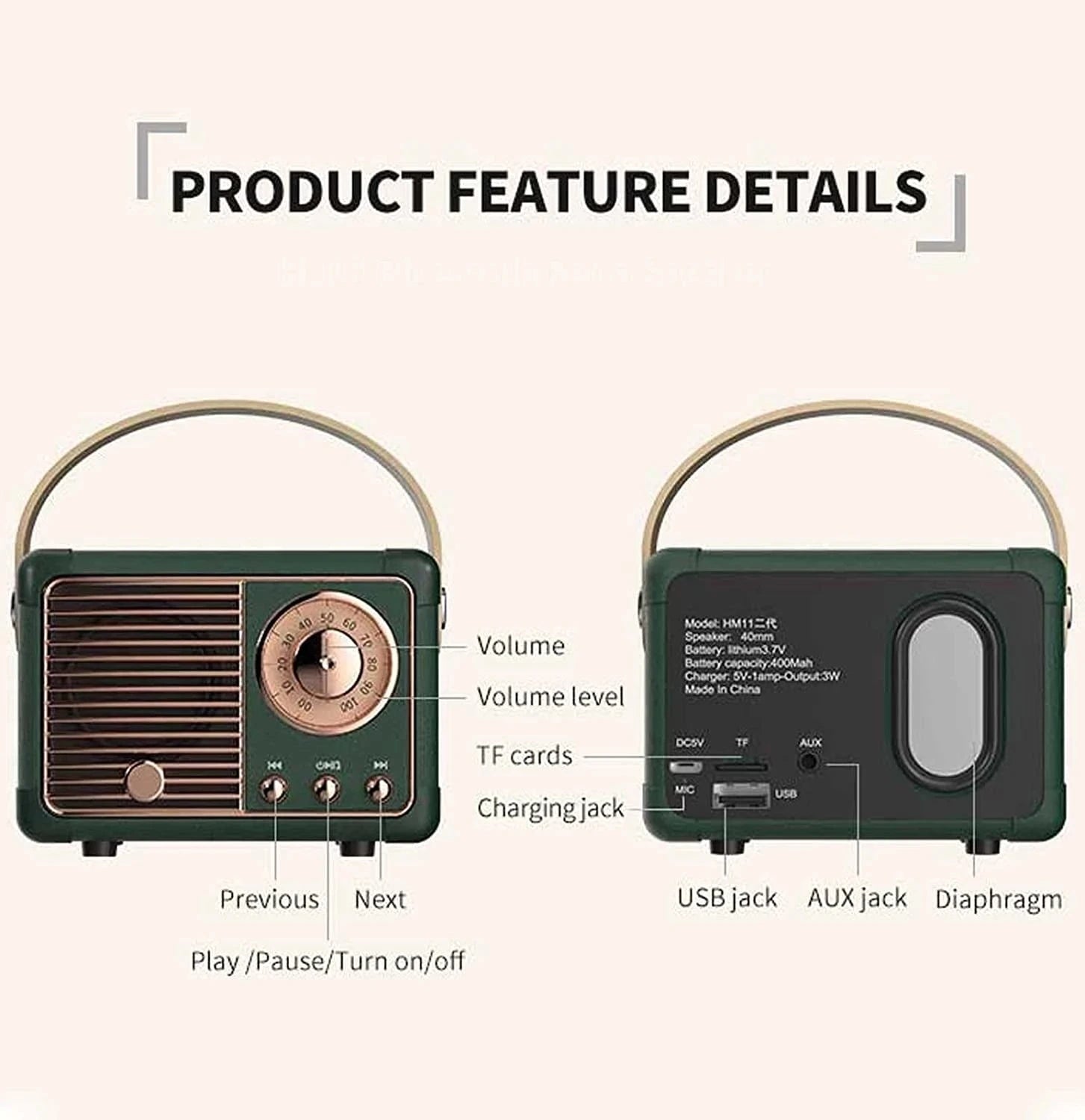 High-Quality HM11 Portable Bluetooth Speaker: Retro Old School Design, Wireless Bass Subwoofer, Waterproof, for Outdoor & Car | Stereo Music Box, Compatible withSmartphone, Laptop, Tablet, PC, Apple iPhone, iPad, MacBook, iOS, Android, Samsung