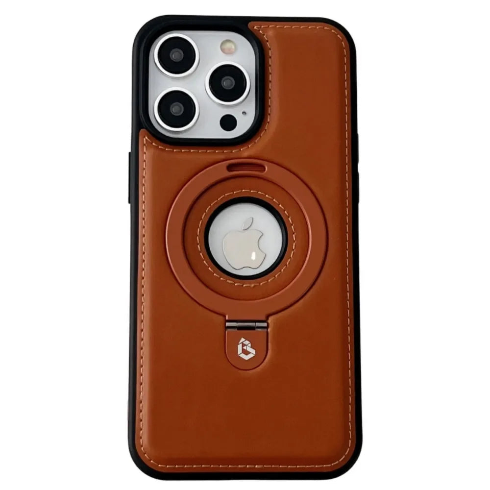 Premium Leather iPhone Case with Magnetic Ring Stand: 360-Degree Rotating Gyro Stand Function & Foldable Holder | MagSafe Case with 360-Degree Protection and Camera Lens Protection for Apple iPhone 16/15/14/13/12 Pro Max, Plus, Mini Armor Protectiv Cover