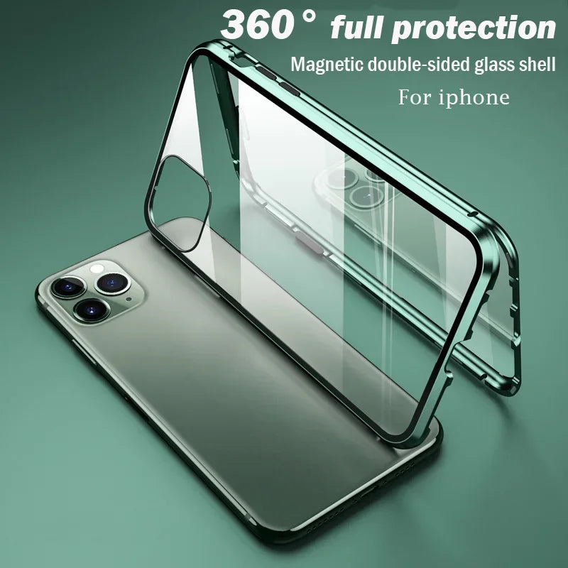 High-Quality iPhone Case with Metal Frame and Double-Sided Glass | MagSafe-Compatible, Magnetic Adsorption for 360° Full Protection Case | Shockproof Glass Lens Camera Protection Armor Case | Cover for Apple iPhone 16/15/14/13/12 Pro Max, Plus, Mini