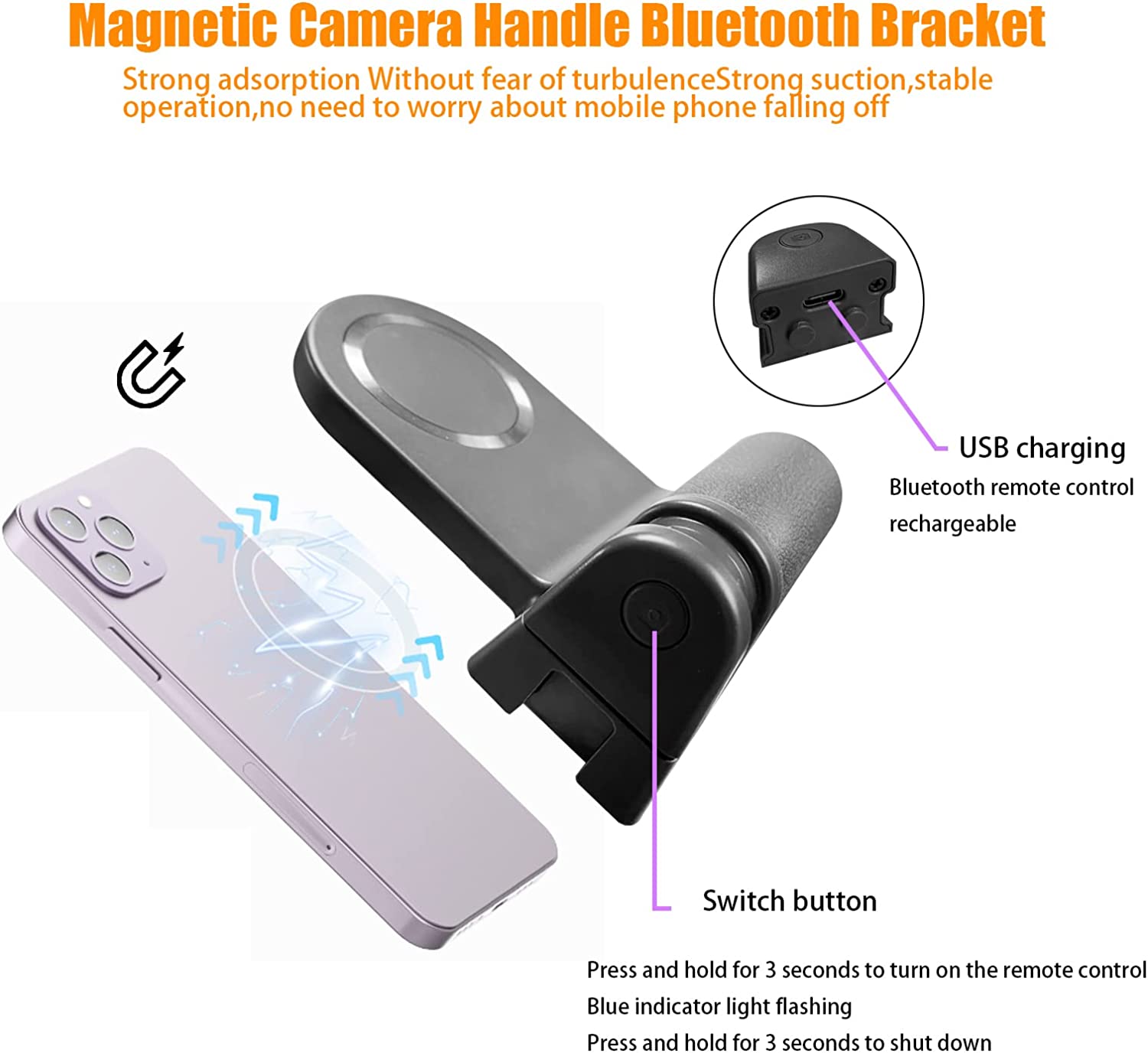 High-Quality Professional Magnetic Phone Holder with Bluetooth Remote, Magsafe Grip for Apple iPhone 15/14/13/12/11 Pro Max Plus Mini, Samsung & Android - Ideal for Photography/Videography Smartphones, Apple iPhone, Samsung, iOS & Android