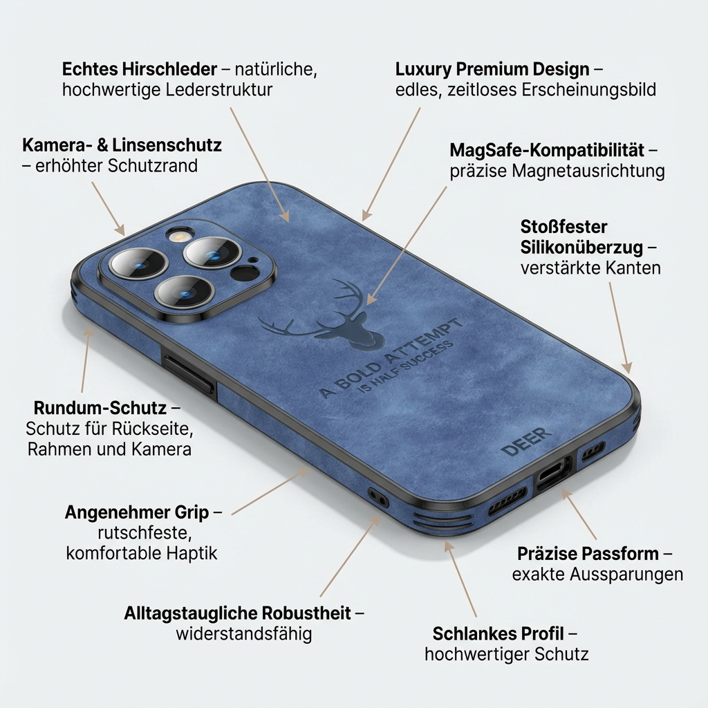 Hochwertige Hirschleder Apple iPhone-Hülle mit Kameralinsenschutz und stoßfestem Silikonüberzug - Phone Heaven Zone
