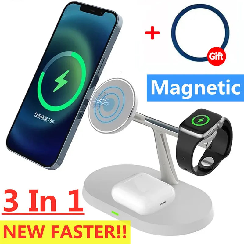 Wireless charger 3 in 1 for Qi quick charger changer with alarm clock for Smartphones, Apple iPhone, Samsung, iOS & Android charging station