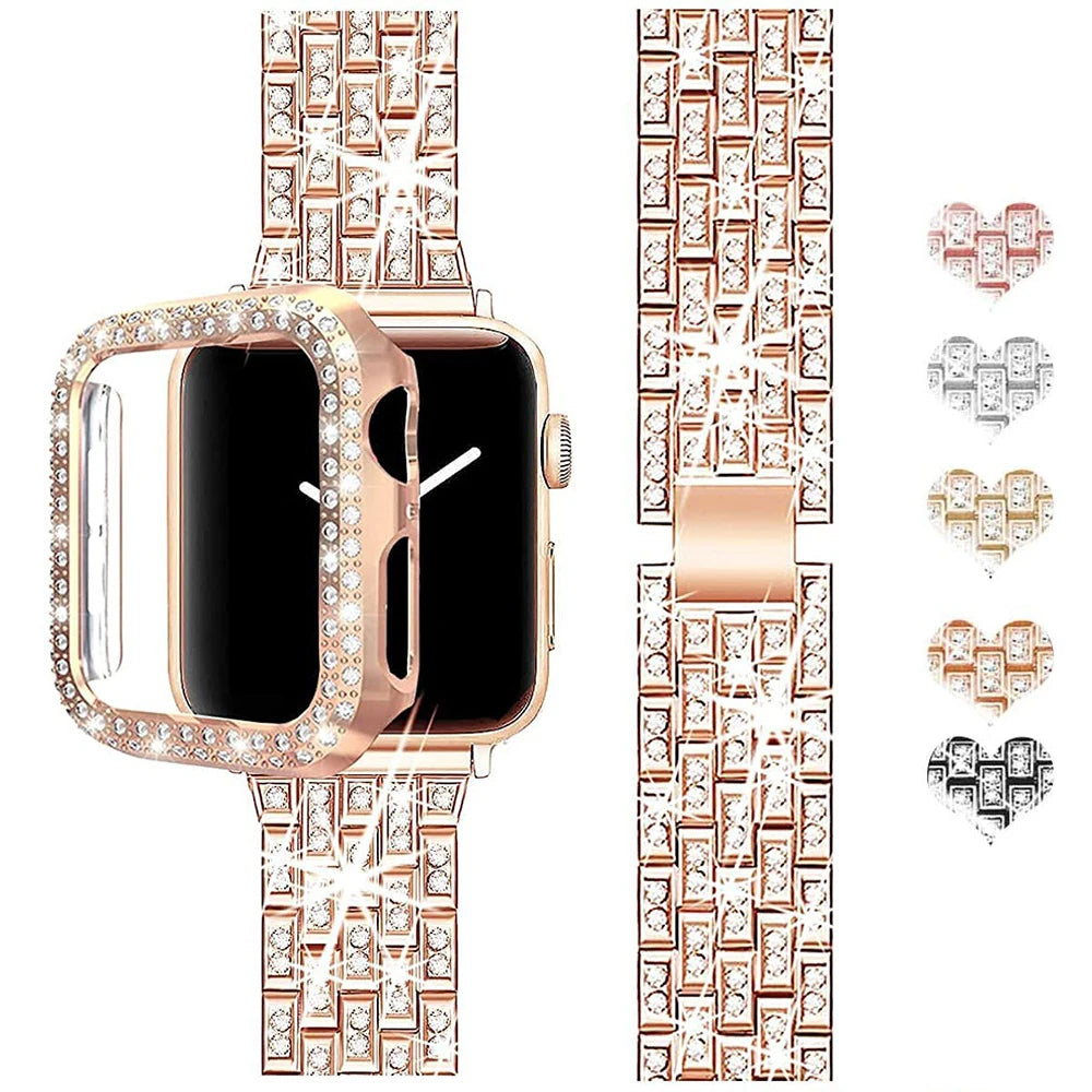 Luxury Premium glitter metal bracelet and diamond protective case for Apple Watch Series 10/9/8/7/6/5/4/3/2/1 & Ultra 2/1, SE: 2024, 2023, 2022, 2021, 2020, 2019, 2018, 2017, 2016 | Ultra 49mm, 45mm, 41mm, 40mm, 44mm, 42mm bracelet for iWatch.