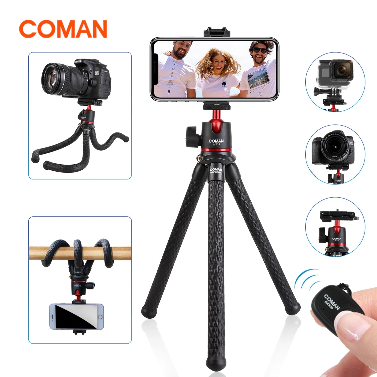 High-Quality Octopus Flex Tripod with 1/4 Screw, Ball Head & Cold Shoe: Universal Phone Clip for Apple iPhone 15/14/13/12/11 Pro Max/Plus/Mini,  SLR, DSLR Camera, GoPro Smartphones, Apple iPhone, Samsung, iOS &amp; Android  | Professional Photo/Video