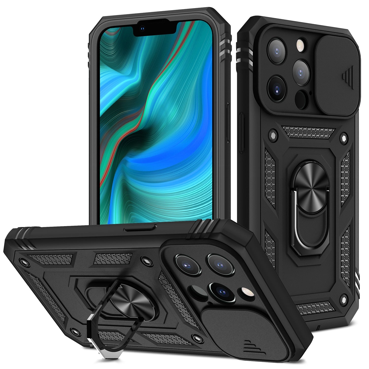 Premium Robustes Militärpanzer Apple iPhone Hülle | Militärqualität, 360° Schutz, Stoßfeste Abdeckung, Drehbarer Ständer, Kamera-Schutz, Kartenfach & MagSafe Kabelloses Laden - Phone Heaven Zone